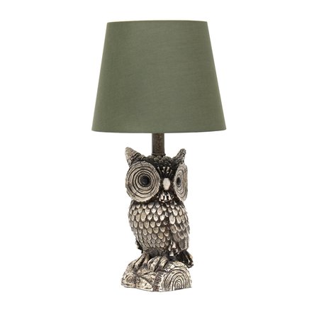 SIMPLE DESIGNS 1985 Polyresin Gazing Brown and White Night Owl Table Lamp with Green Tapered Drum Fabric Shade LT2098-GRN